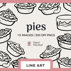 Arte de linha de tortas | Imagens de clipart de contorno preto | Selos digitais de sobremesa | Desenhos de torta de mirtilo, maçã e pêssego, arquivos png de uso comercial