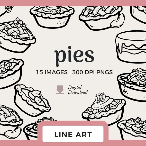 Pies Line Art | Black Outline Clipart Images | Dessert Digital Stamps | Blueberry, Apple and Peach Pie drawings, commercial use png files