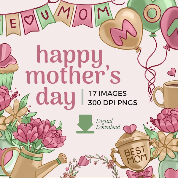 Mother's Day Clipart illustrations | Floral Wreath PNG Download | Heart graphics, flower bouquet, Mom trophy clip art, commercial use png