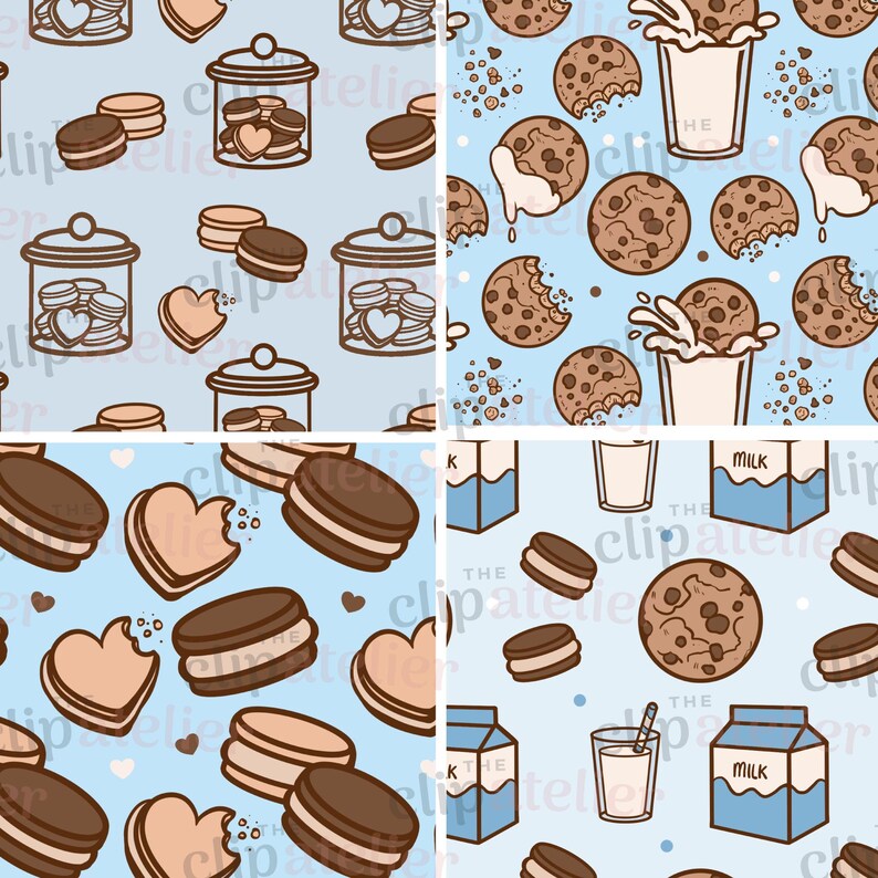 Cookies and Milk Seamless Patterns | Cookie Jar Digital Paper Pack | Chocolate chip cookies and milk scrapbook pages, fun Jpg image files