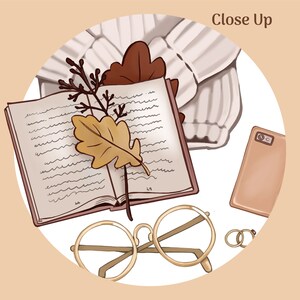 May include: An illustration with a book, autumn leaves, a white sweater, a smartphone, round eyeglasses, and rings. The text "Close Up" is visible. The image uses warm tones of brown, beige, and gold. The scene evokes a sense of autumn.