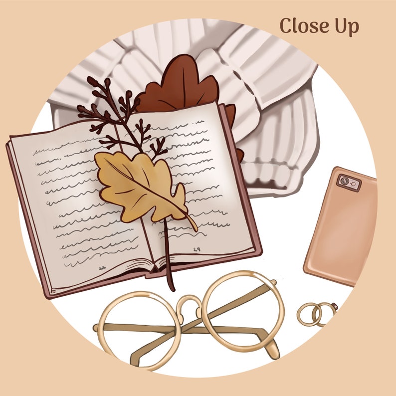May include: An illustration with a book, autumn leaves, a white sweater, a smartphone, round eyeglasses, and rings. The text "Close Up" is visible. The image uses warm tones of brown, beige, and gold. The scene evokes a sense of autumn.