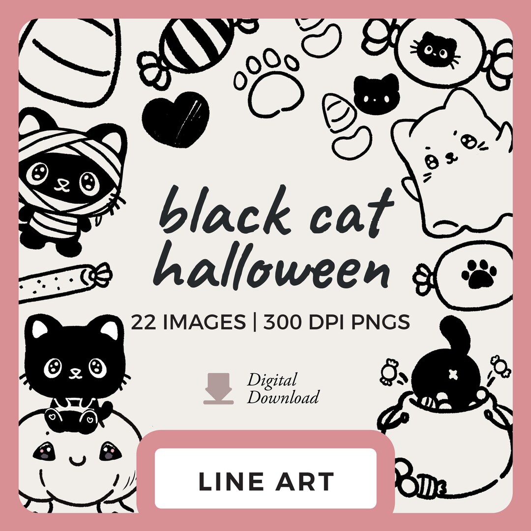 Kawaii Black Cat Line Art | Black Line Halloween Clipart Images ...