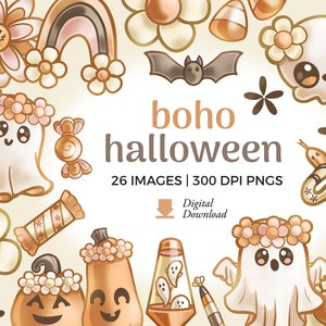 Illustrations Bohème Halloween Clipart | Téléchargement PNG Kawaii Halloween | Clipart lanterne Jack O, ensemble de cliparts rétro | Graphismes mignons et effrayants