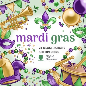 Cliparts et Illustrations de Mardi Gras | Mardi gras PNG à télécharger | Collier de perles, fleur de lys, fichier image de masque de mascarade, graphiques de la Nouvelle-Orléans