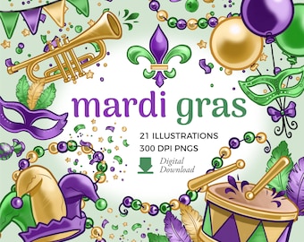 May include: A set of 21 Mardi Gras illustrations, including a trumpet, a jester's hat, a drum, a mask, a fleur-de-lis, beads, and confetti. The illustrations are in a cartoon style and feature bright colors, such as purple, green, and gold.