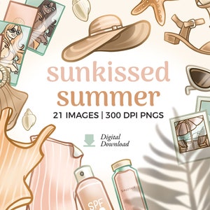 Zomer strand mode clipartillustraties | Platliggend zonnebaden PNG-download | Afbeelding schelp, pastelkleurige plannersticker, badpak, strandtas