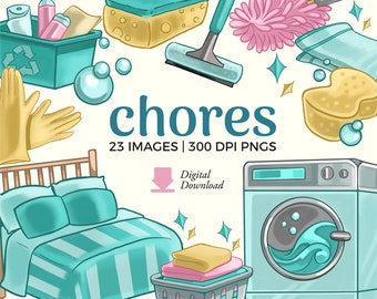 Cleaning Clipart illustrations | Household Chores Digital Planner PNG Download | housework graphics, Dishwasher image file, laundry clip art