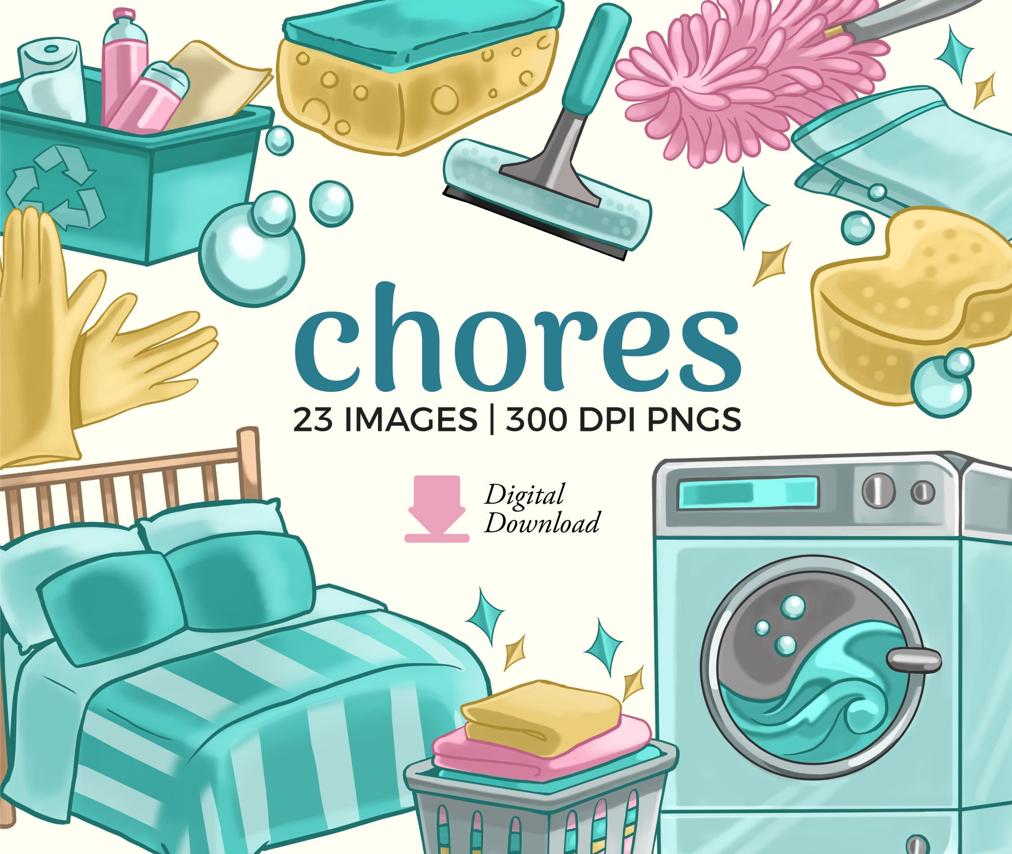 Cleaning Clipart Illustrations: Household Chores Planner PNG Graphics (Digital Download)