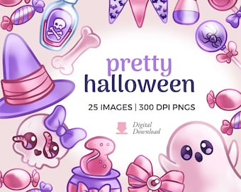 Kawaii Halloween Clipart: Pink & Purple Pastel Spooky Graphics (PNG Download)