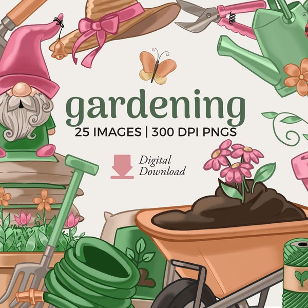 Gardening Clipart illustrations | Flower Garden PNG Download |  Garden Tools, Gnome clipart | Wheelbarrow png, Ladybug clipart, watering can