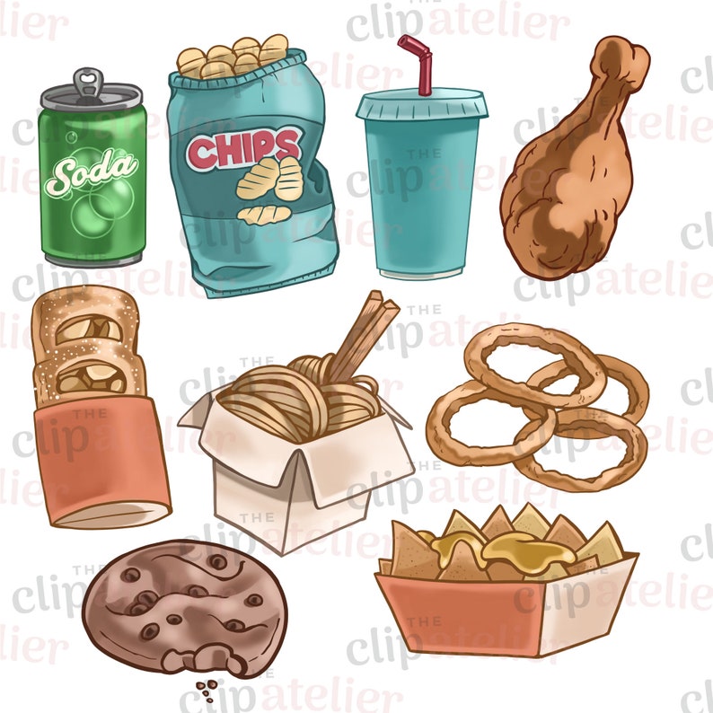 Junk Food Clipart: Burger, Pizza, Taco, Chips & Soda PNG Illustrations ...