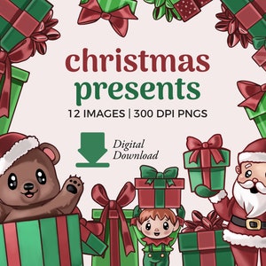 Ilustrações de clipart de presentes de Natal fofos | Download de clipart de presentes de Natal | Caixa de presente festiva, Papai Noel png, clipart de elfo de Natal