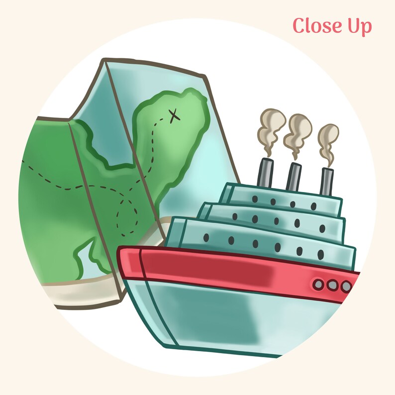 K&ouml;nnte beinhalten: Cartoon-Illustration eines Kreuzfahrtschiffs und einer Karte. Das Schiff ist hellblau mit einem roten Streifen und drei Schornsteinen, die Rauch aussto&szlig;en. Die Karte ist gr&uuml;n und blau, mit einer gestrichelten Linie und einem 'X', das einen Ort markiert. Der Text 'Close Up' steht oben rechts.