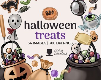 Halloween Candy Clipart: Sweets, Baskets, Gummy Worms (PNG Download)