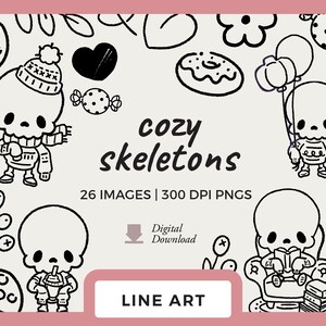 Puede incluir: Descarga digital de arte lineal en blanco y negro con esqueletos de dibujos animados en entornos acogedores. La imagen incluye el texto "cozy skeletons", "26 IMAGES | 300 DPI PNGS" y "LINE ART".