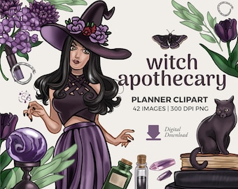 Witch Planner Girl Clipart: Halloween Witchy Apothecary, Potions & Black Cat PNG Set (Digital Download)