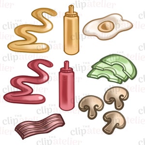May include: A set of breakfast food illustrations, including a fried egg, bacon, mushrooms, avocado slices, ketchup, and mustard.