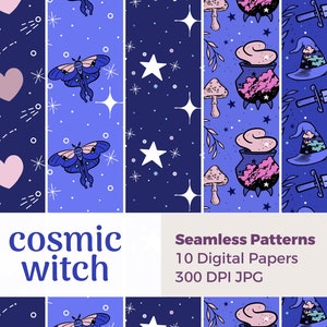 Cosmic Witch Seamless Patterns / Pacchetto di carta digitale Witch / Space Witch, file di scrapbooking scaricabili digitalmente, set di carta ripetuta stellata