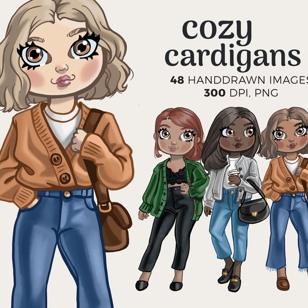Cozy Cardigans Fashion Girl Clipart |  Denim Fashion Doll Clipart Download | Women clip art, Denim planner sticker, casual fashion clipart