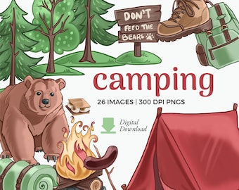 Camping Clipart Illustrations: Bear, Tent, Campfire (PNG Download)