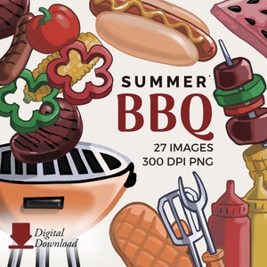 May include: A set of 27 digital images featuring illustrations of summer BBQ food and supplies. The images are in PNG format and are 300 DPI. The images include a hot dog, corn on the cob, watermelon, peppers, a grill, skewers, ketchup, mustard, tongs, and a loaf of bread.