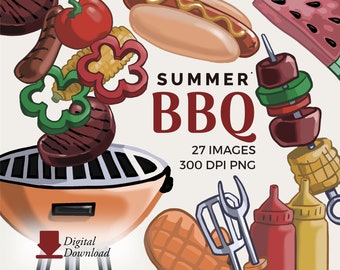 Ilustraciones de barbacoa de verano: Parrilla, carne, verduras y limonada (Descarga digital)