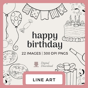 Geburtstag Linie Kunst | Handgezeichnete B-Day Party Clipart Bilder | Digitale Briefmarken und Scrapbooking PNGs | Partyballons und Banner, Kuchengekritzel