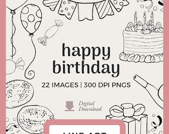 Peut inclure: Illustrations en noir et blanc de fête d'anniversaire en ligne, comprenant un gâteau, des ballons, des cadeaux, des confettis et une bannière. Le texte "happy birthday" est écrit en grande police. Le texte "22 IMAGES | 300 DPI PNGS" est écrit sous le message d'anniversaire. Le texte "Téléchargement numérique" est écrit sous l'image. Le texte "LINE ART" est écrit en grande police en bas de l'image.