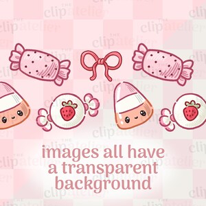 以下が含まれることがあります： ピンク色のキャンディーのイラスト。水玉模様の包みキャンディー、リボン、コーンキャンディー、イチゴ模様のキャンディーなど。テキスト「images all have a transparent background」も表示されています。