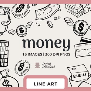 Illustrazioni di disegno di linee di denaro / Immagini clipart disegnate a mano per risparmi e budget / Scarabocchi finanziari, salvadanaio, contorno nero, uso commerciale