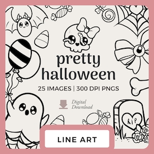 Niedliche Halloween Linie Kunst | Handgezeichnet Clipart Bilder | Gruselig niedlich Digitale Briefmarken und Scrapbooking PNGs | Kawaii Geist und Schädel, Süßigkeiten png