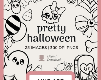 Cute Halloween Line Art | Hand-Drawn Clipart Images | Spooky Cute Digital Stamps and Scrapbooking PNGs | Kawaii Ghost and Skulls, candy png