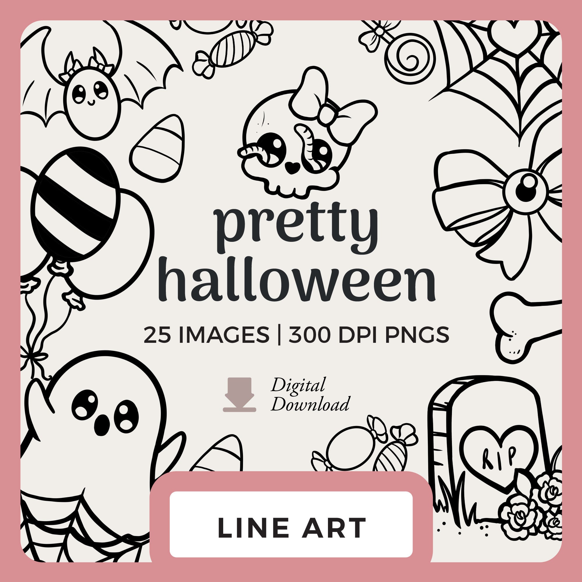 Cute Halloween Line Art | Hand-Drawn Clipart Images | Spooky Cute Digital Stamps and Scrapbooking PNGs | Kawaii Ghost and Skulls, candy png