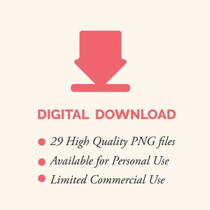 K&ouml;nnte beinhalten: Grafik f&uuml;r digitalen Download mit einem rosa Pfeil nach unten. Der Text "DIGITAL DOWNLOAD" steht &uuml;ber Aufz&auml;hlungspunkten, die 29 hochwertige PNG-Dateien auflisten, die f&uuml;r den pers&ouml;nlichen und begrenzten kommerziellen Gebrauch verf&uuml;gbar sind.