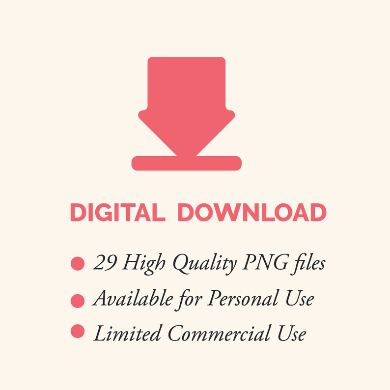 K&ouml;nnte beinhalten: Grafik f&uuml;r digitalen Download mit einem rosa Pfeil nach unten. Der Text "DIGITAL DOWNLOAD" steht &uuml;ber Aufz&auml;hlungspunkten, die 29 hochwertige PNG-Dateien auflisten, die f&uuml;r den pers&ouml;nlichen und begrenzten kommerziellen Gebrauch verf&uuml;gbar sind.