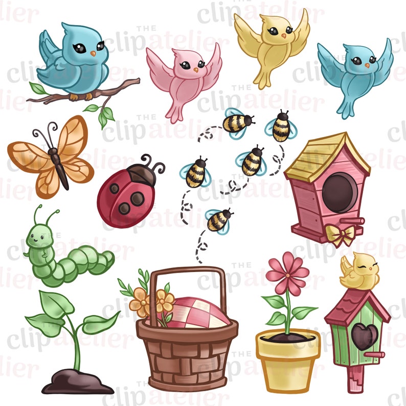 May include: A set of colourful cartoon illustrations featuring a ladybug, butterfly, caterpillar, birdhouse, bird, bee, flower, basket, and plant. The illustrations are perfect for adding a touch of whimsy to any project.