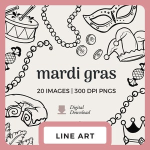 Dessin au trait Mardi Gras | Images Clipart Mardi Gras Dessinés À La Main | Timbres numériques et images PNG pour scrapbooking | Perles, masques, griffonnages png pour gâteau des rois
