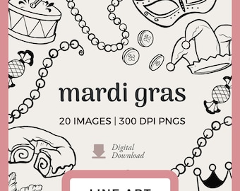 Mardi Gras Line Art | Hand-Drawn Fat Tuesday Clipart Images | Digital Stamps and Scrapbooking PNGs | Beads, masks, king cake png doodles