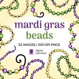 May include: A set of 32 digital images of Mardi Gras beads in various colors and styles. The beads are in the shape of circles and are strung together with a black thread. The beads are purple, green, and gold, which are the traditional colors of Mardi Gras.