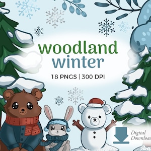 Winter bosdieren Clipart-illustraties | Besneeuwde bossen illustraties downloaden | Kawaii vos-clipart, winterbomen, hert png, grillige beer