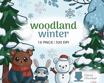 Winter Forest Animals PNG Clipart | Snowy Winter Trees & Woodland Animal Illustrations (Digital Download)