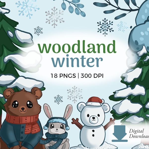 Winter Forest Animals Clipart illustrations | Snowy Woodland Clip Art Download | Kawaii Fox clipart, Winter Trees, Deer PNG, Whimsical Bear