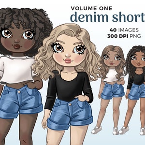 Short en jean Fashion Girl Clipart | Chibi Summer Planner Girl Télécharger | Fashion Doll clipart, Cheveux bouclés png, femme afro-américaine png