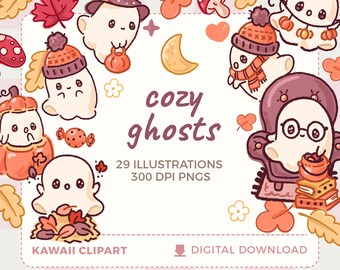 Kawaii Ghost Clipart | Cozy Autumn PNG Illustrations (Digital Download)