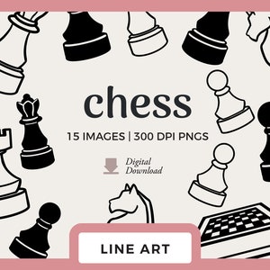 Chess Line Art Clipart: Hand-Drawn Black and White Chessboard & Pieces PNG Images (Digital Download)