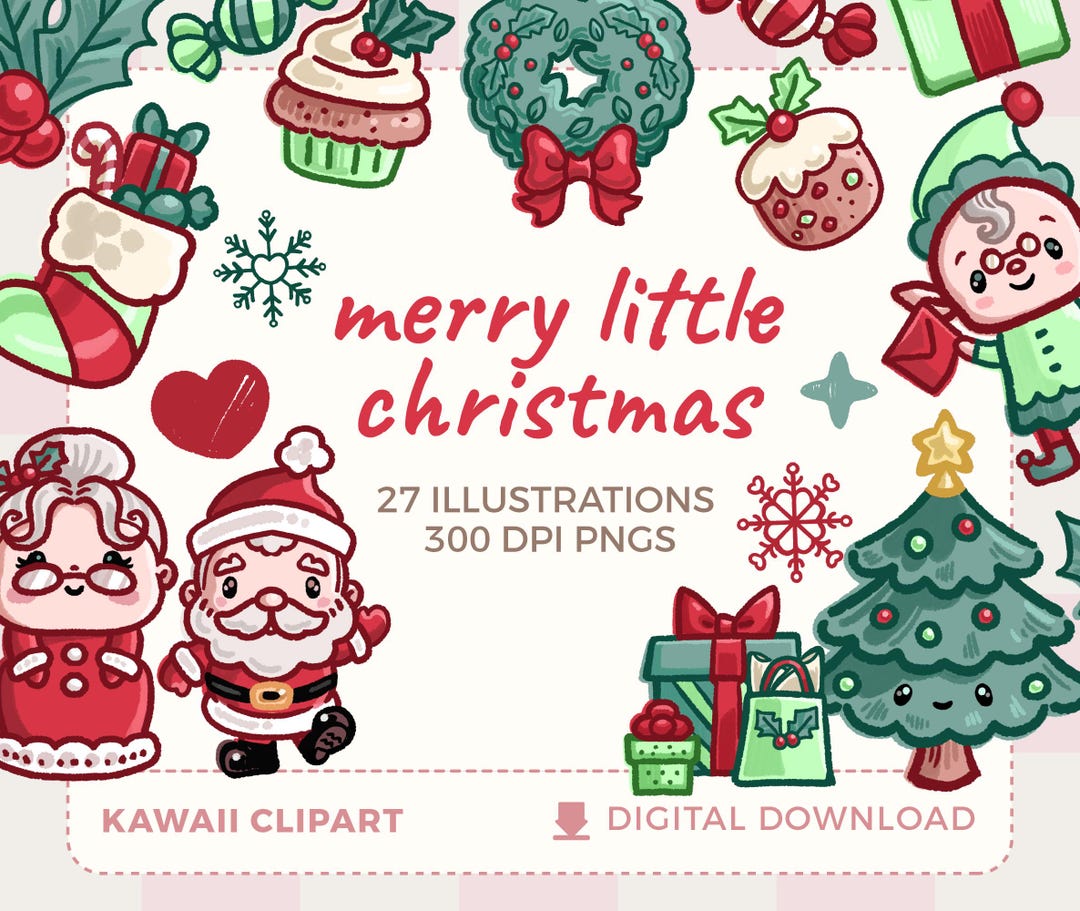 Kawaii Christmas Clipart | Santa, Reindeer & Elf PNG Graphics for ...