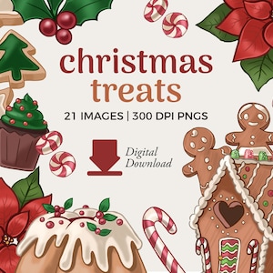 Illustrazioni clipart di dolcetti natalizi / Download immediato di caramelle natalizie / Clipart di omino di pan di zenzero, clipart di ceppo di Natale / Grafica natalizia