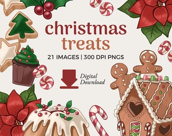 Christmas Treats Clipart: Gingerbread men, Yule Log, & Peppermint Candy Illustrations (PNG Files, Digital Download)