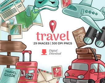 Ilustraciones de viajes: Gráficos PNG de aventuras y viajes, coche, avión, barco (descarga digital)
